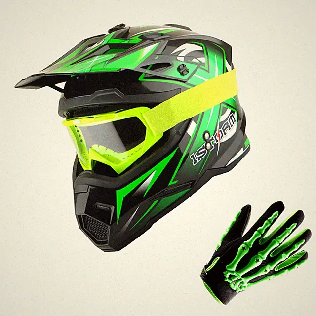 1Storm DOT Adult Motocross Helmet MX BMX Bike Racing Green+MX Gloves+MX Goggles