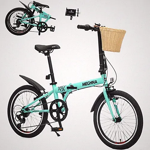 20" Folding Bike 6-Speed Green Steel Frame with Basket & Phone Holder Commuter