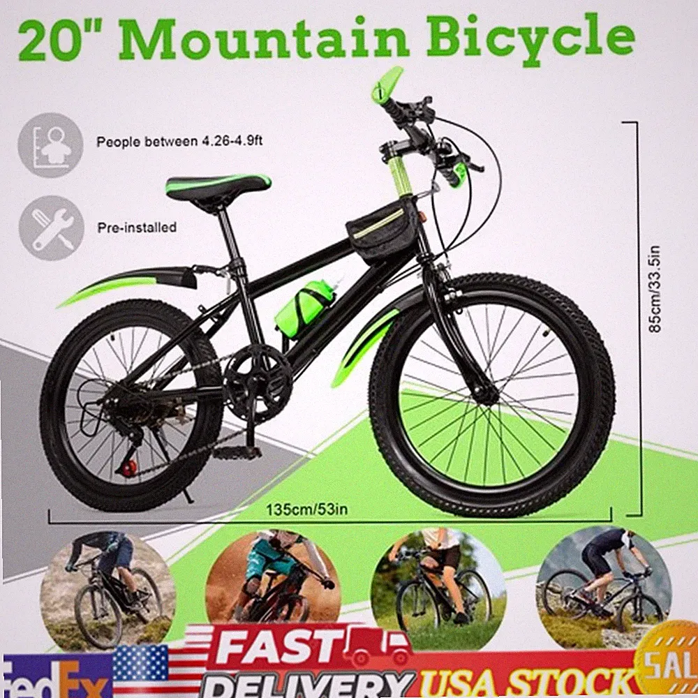 20" Kids Carbon Steel Mountain Bike Teenager Children 7 Speed Disc Brake Bicycle