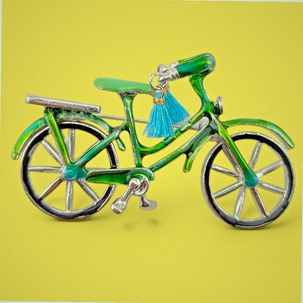 BICYCLE BROOCH green retro vintage style green city bike pin w/ tassels N1