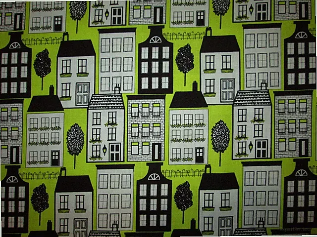 CITY HOUSES TREES MOD GREEN BICYCLE COLORS COTTON FABRIC FQ
