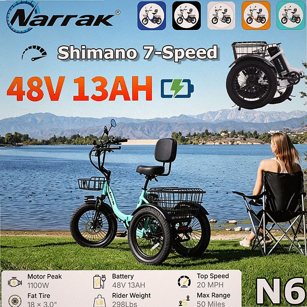 NARRAK Fat Tire Folding Electric Trike Peak for Adults 1100W Shimano 7-Speed N6