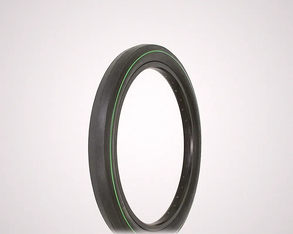 ONE 20 X 2.125 BLACK/GREEN LINE FAT SLICK BICYCLE TIRE, S-2 RIM, SCHWINN STYLE.