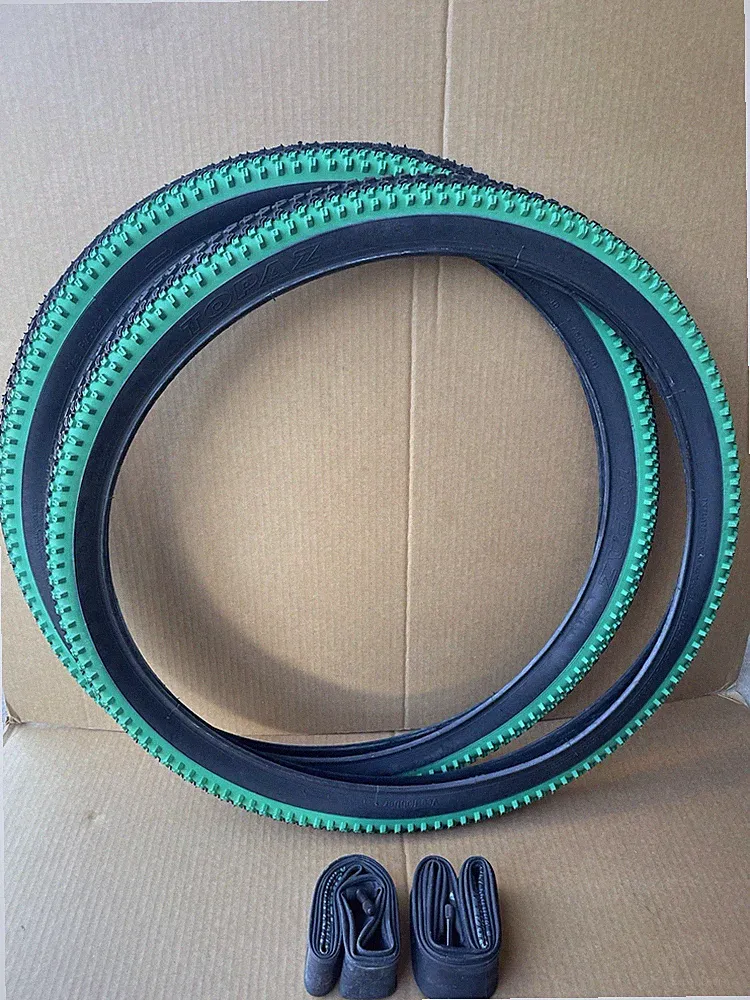 Pair 26 x 2.10 Green Black Mountain Bicycle Knobby Tires + Inner Tubes MTB