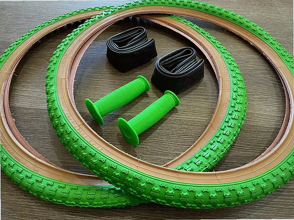 PAIR of 20" BMX Bicycle COMP3 Green Gumwall MX3 Tires & Tubes Grips 20X1.75