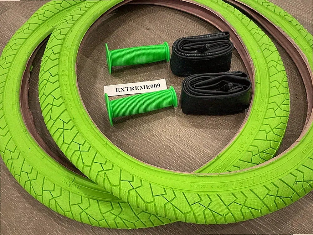 PAIR of 20" BMX Bicycle LIME NEON GREEN Street Tires & Tubes 20X1.95 Free Grips